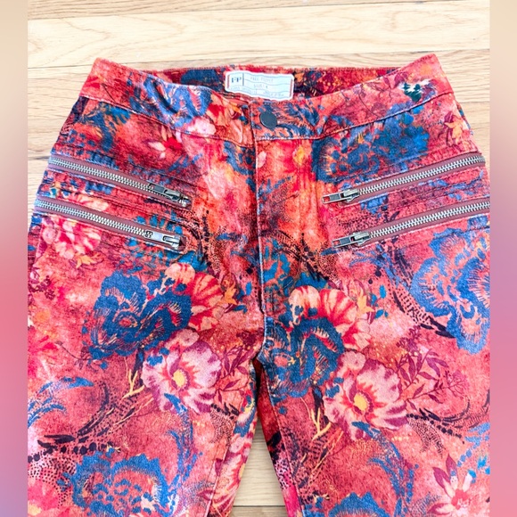 Free People Lennon Floral Funkytown Orange Red Velvet Skinny Pants - Picture 14 of 16